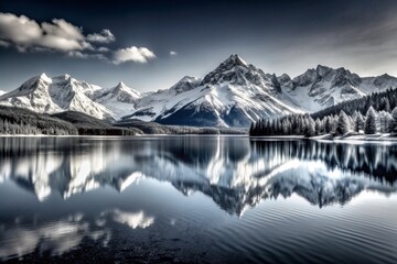 Fototapeta premium Serene black and white landscape of a calm lake reflecting majestic snow-capped mountains in the distance under a cloudless sky.