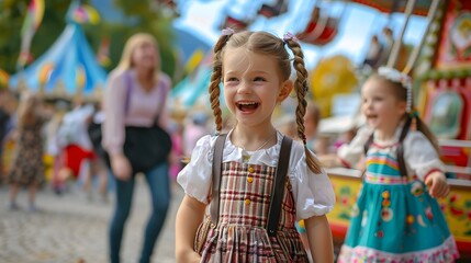 Obraz premium Children in lederhosen enjoying a carousel ride at Oktoberfest