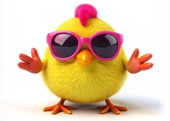 Fototapeta premium Yellow cartoon chicken with rounded body and big pink sunglasses, looking cool and funny, isolated on white background, 3D rendering with bright colorful details.