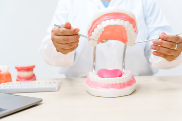 A dentist works at a desk with a tooth model, demonstrating dental care techniques and treatments for maintaining oral health and hygiene in a clinical setting.