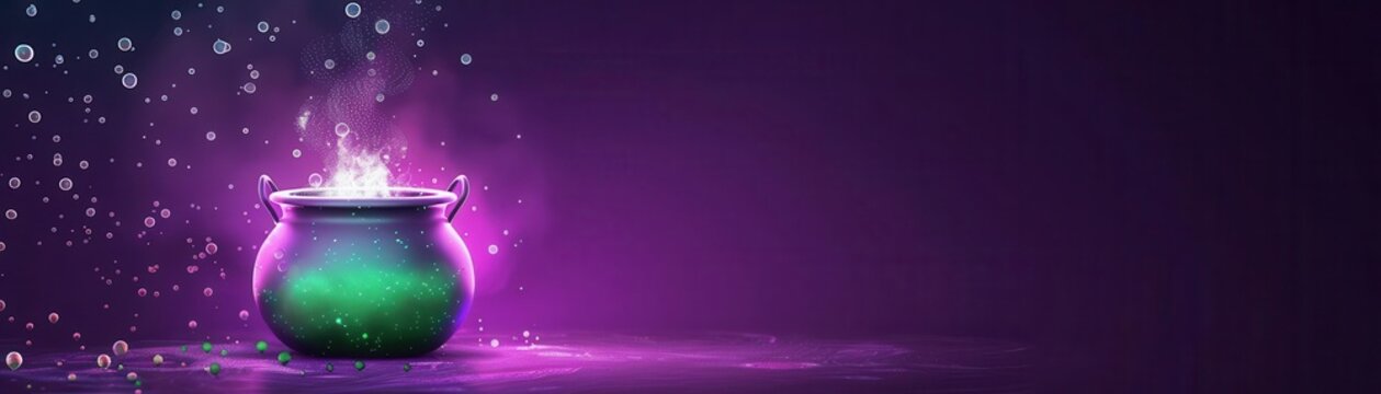Gentle Halloween banner with a watercolor cauldron and soft, glowing green bubbles, on a deep purple background
