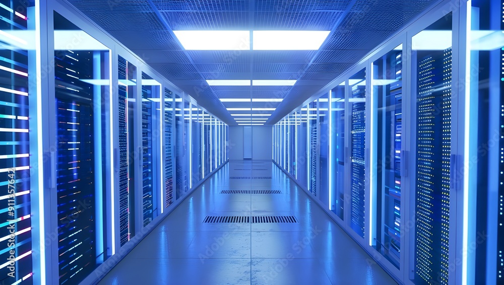 Poster high-tech data center with rows of glowing blue and white server cabinets, showcasing the advanced t