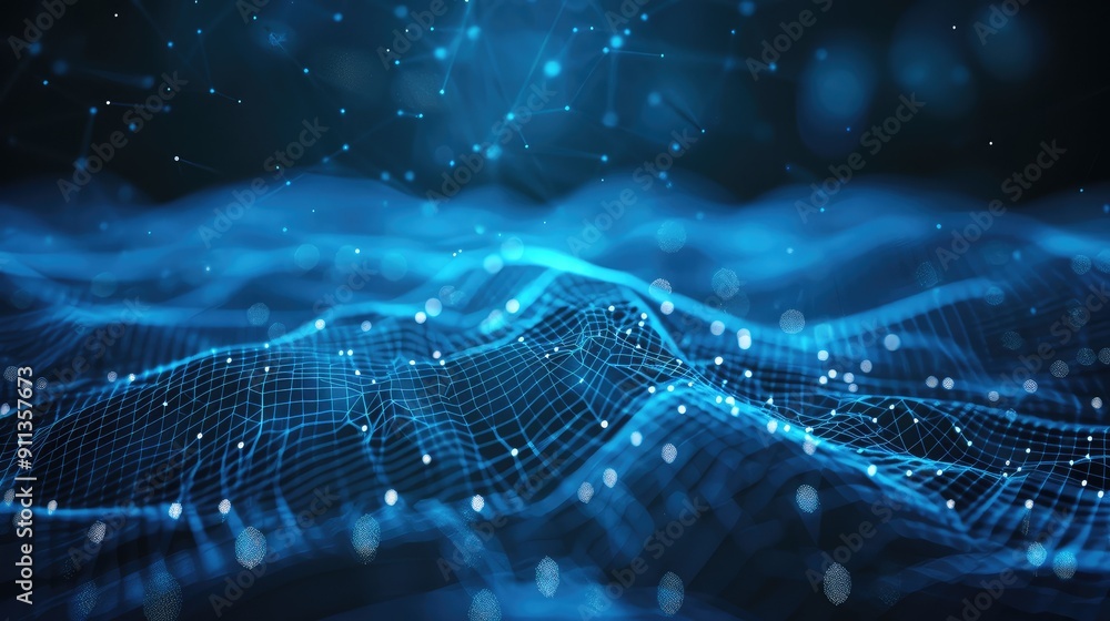 Poster Blue abstract background with a network grid and particles connected