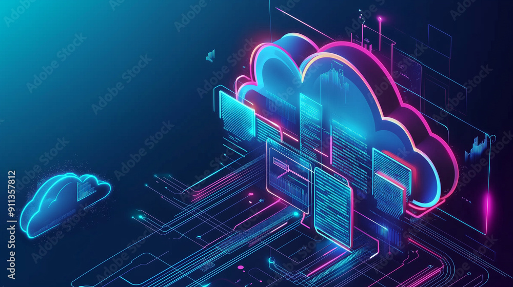 Leinwandbilder 3d isometric illustration of cloud computing with glowing elements and clouds, representing the conn