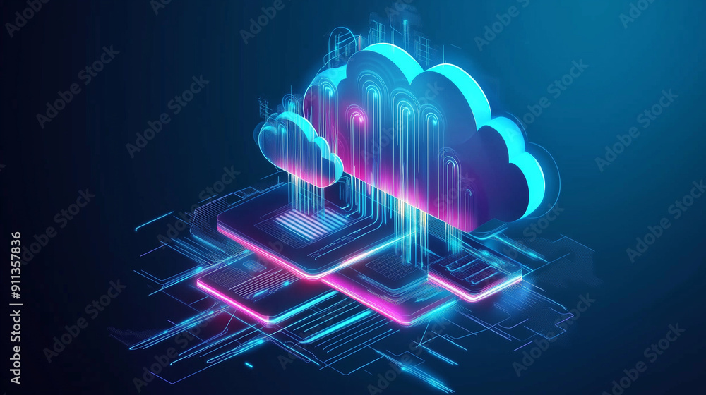 Leinwandbilder 3D isometric illustration of cloud computing with glowing elements and clouds, representing the connection of technology and data in an atmosphere of innovation and digital business. This futuristic b
