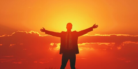 Fototapeta premium Silhouette of a triumphant businessman against a bright horizon.