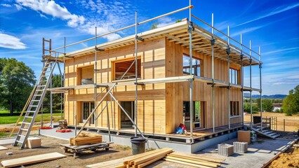 Modular home's façade under construction, with wooden frames, windows, and roofing materials, surrounded by scaffolding, ladder, and construction equipment in a sunny day.