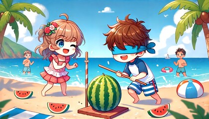 海水浴場でスイカ割り