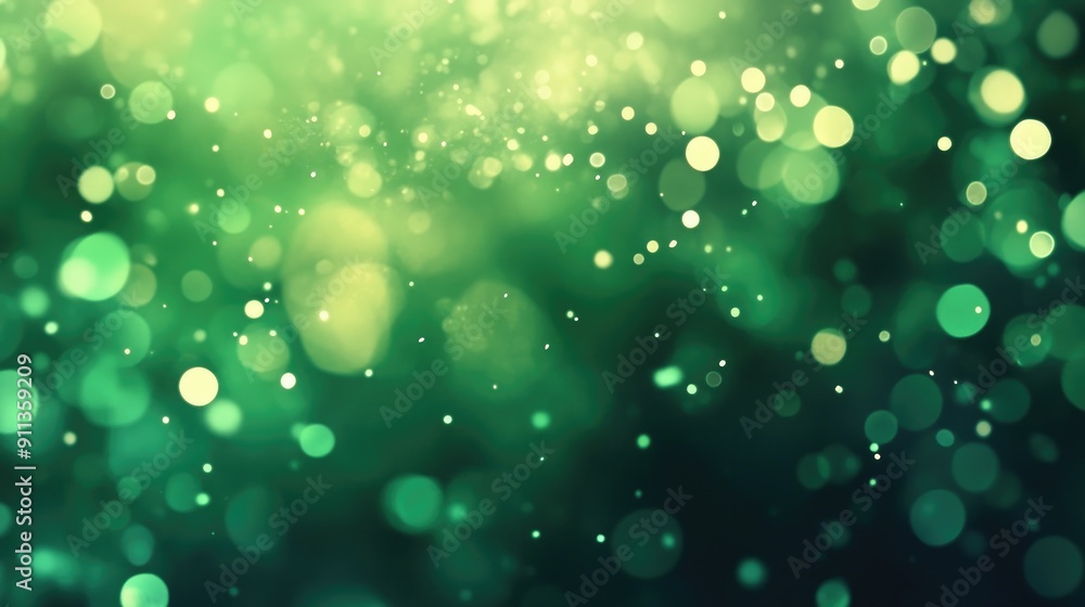Poster green bokeh background with abstract light spots, creating a soft and soothing visual effect.