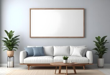 Fototapeta premium A modern living room with a white sofa, wooden coffee table, and a large blank frame on the wall