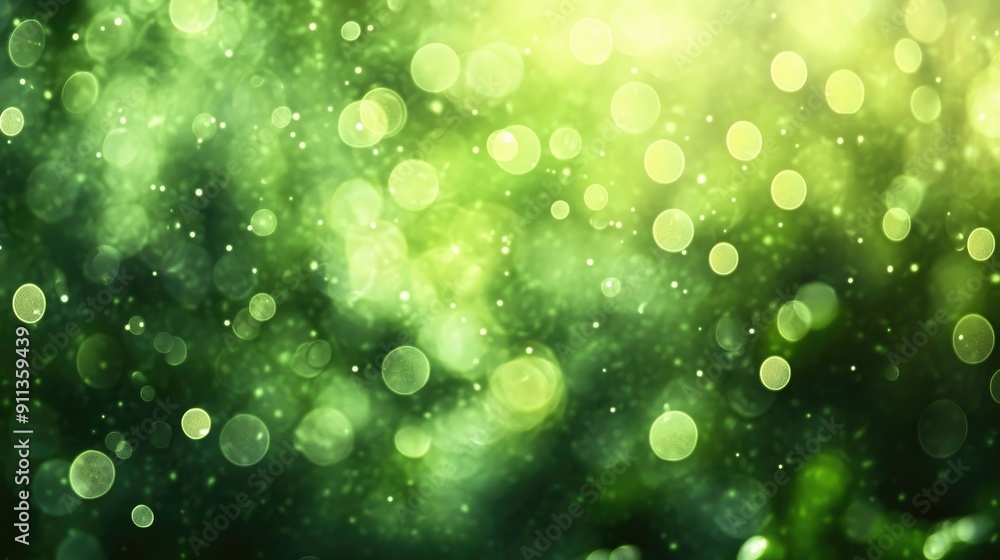 Poster green bokeh background with abstract light spots, creating a soft and soothing visual effect.