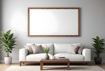 A modern living room with a white sofa, wooden coffee table, and a large blank frame on the wall