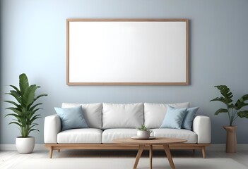 A modern living room with a white sofa, wooden coffee table, and a large blank frame on the wall