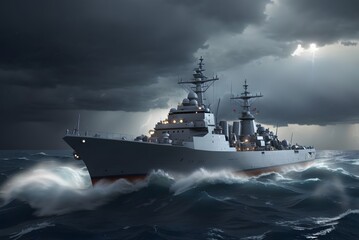 Naklejka premium Warship in the stormy sea. 3D illustration
