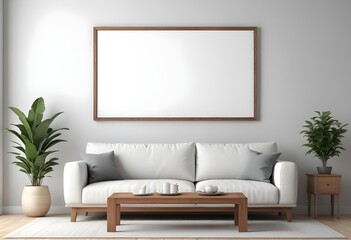 A modern living room with a white sofa, wooden coffee table, and a large blank frame on the wall
