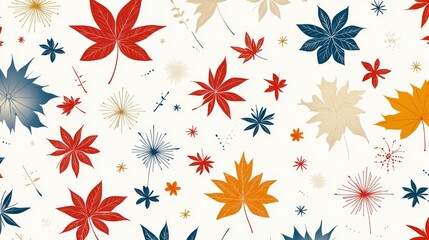 Seamless pattern featuring Japanese seasonal motifs like autumn leaves, summer fireworks, and winter snowflakes in a flat vector style
