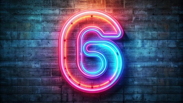 Vibrant neon font depicting futuristic digital symbol six on a rough, gritty dark grunge background, evoking a sense of technological advancement and innovation. - Powered by Adobe