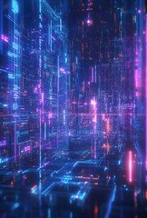 Fototapeta premium A complex data visualization in a cyberpunk style, featuring interconnected blue and purple circuits, abstract data waves, and a high tech atmosphere