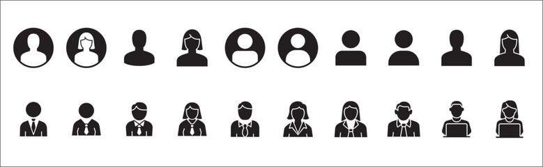 Businessman icon set. Business woman icons. User icon. Professional company person or worker symbol. Anonymous profile sign. Vector stock icons set in flat solid style.