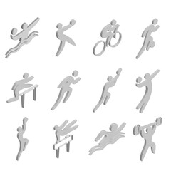 3D monochrome silhouettes of athletes in various sports with ball and equipment. Vector set of volumetric icons in isometry