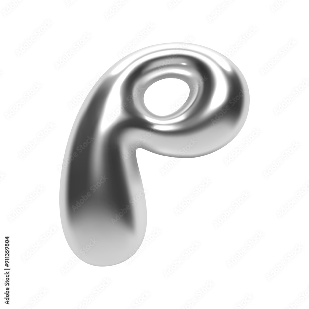 Poster 3d chrome bubble letter p in y2k futuristic style. shiny silver glossy surface with inflated liquid 