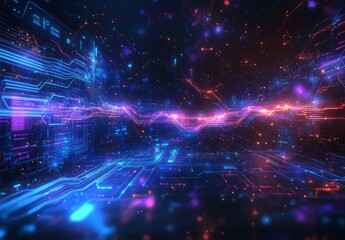 Obraz premium A complex data visualization in a cyberpunk style, featuring interconnected blue and purple circuits, abstract data waves, and a high tech atmosphere
