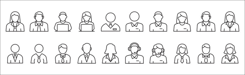 Businessman icon set. Business woman icons. User icon. Professional company person or worker symbol. Anonymous profile sign. customer service symbols. Vector stock icons set in thin line style.