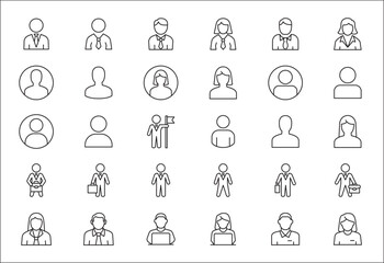 Businessman icon set. Business woman icons. User icon. Professional company person, worker, entrepreneur symbol. Anonymous profile sign. Vector stock icons set in thin line style.