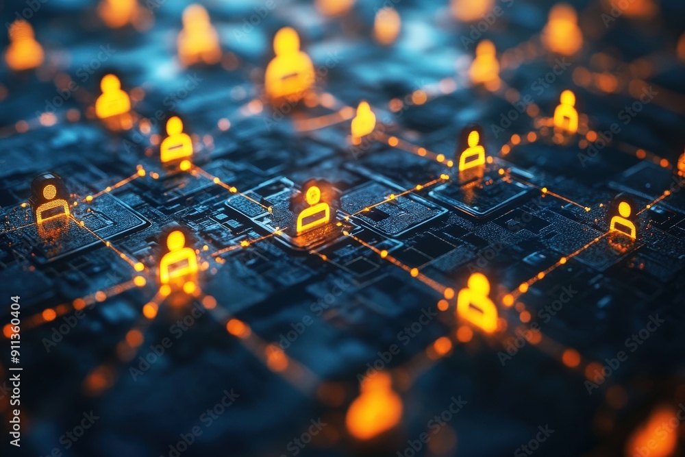 Poster digital network society: a futuristic microchip illuminates a network of interconnected individuals,