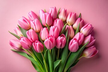 Obraz premium Vibrant pink tulips bursting with delicate petals and lush green stems are artfully arranged in a beautiful bouquet against a soft pink background.