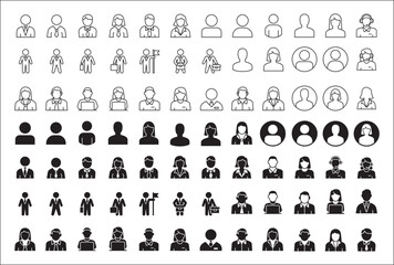 Businessman icon set collection. Business woman icons. User icon. Professional company person, worker, entrepreneur symbol. Anonymous profile sign. Vector stock icons set in flat solid style.