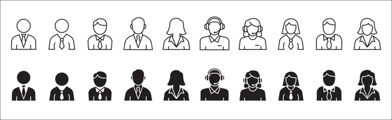 Businessman icon set. Business woman icons. User icon. Professional company person or worker symbol. Anonymous profile sign. customer service symbols. Vector stock icons set in thin line style.