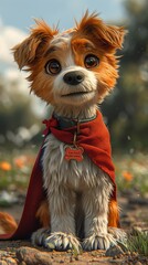 Adorable animated brown and white dog wearing a red cape sits outdoors with large expressive eyes, exuding cuteness and charm.