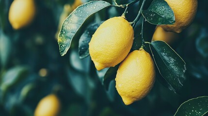 Lemons growing on a branch, with a close-up view highlighting their vibrant yellow color and lush leaves.