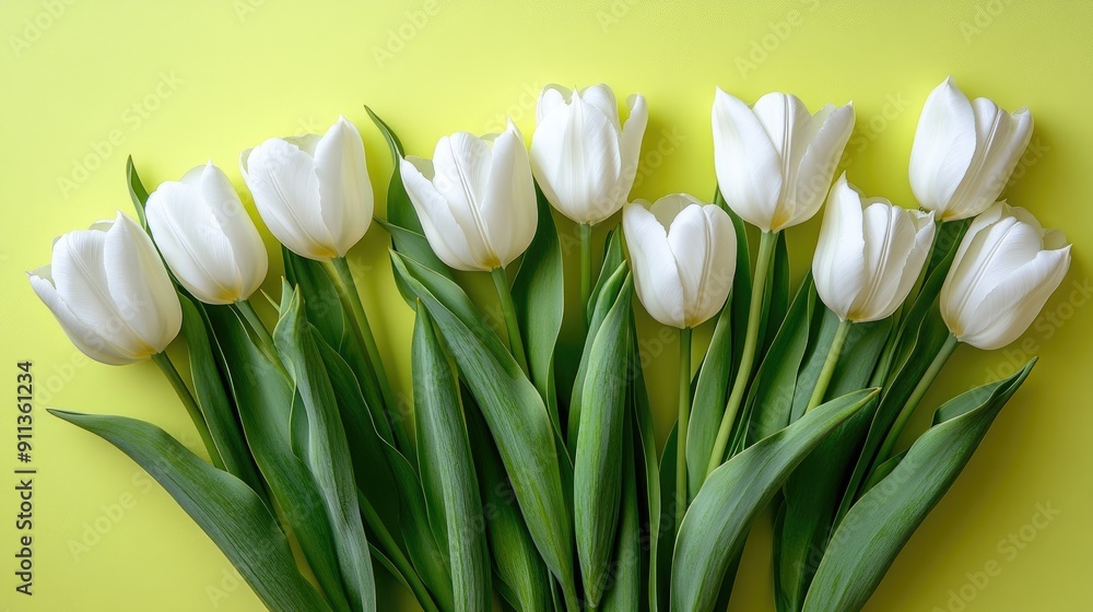 Poster many white tulips arranged on a solid color background with ample copy space, top view.