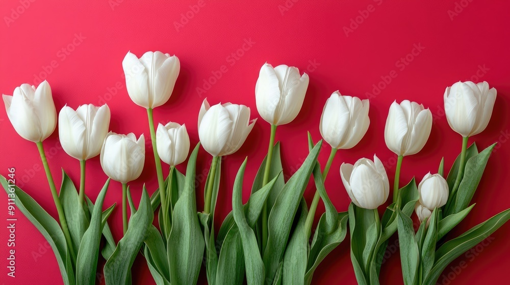 Poster many white tulips arranged on a solid color background with ample copy space, top view.