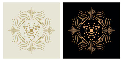 Magic sacred eye symbol in triangle. All seeing eye. Tarot, mystery, astrology, esoteric symbolism.
