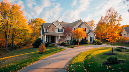 Serene suburban house encircled by autumn trees. Elegant home surrounded by october beauty.