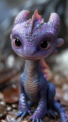 Obraz premium Adorable, wide-eyed baby dragon with purple and blue scales sits on a rocky surface, emitting a whimsical and enchanting aura.