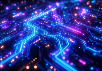 Obraz premium A cyberpunk inspired data visualization featuring glowing blue and purple circuits interwoven with dynamic abstract data flow, creating a high tech aesthetic