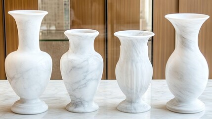 A collection of creatively designed decorative vases showcases different textures and shapes on a wooden table in a well-lit workshop setting