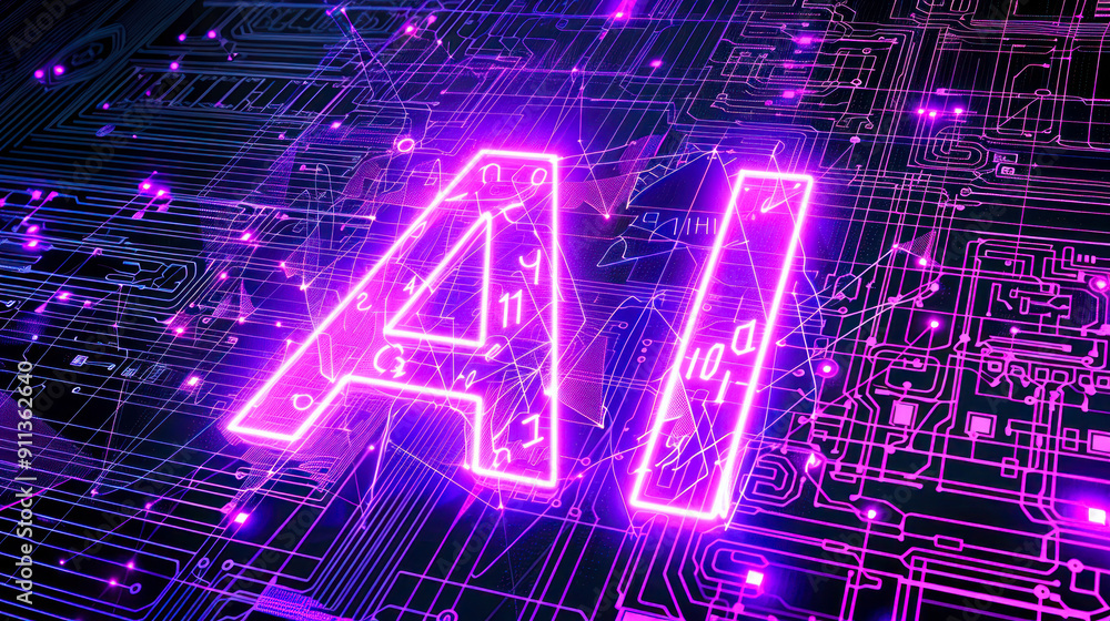 Poster Processor or microchip with AI text on circuit board. Artificial intelligence background illustration. Core of artificial intelligence machine with neon light of energy. computer technology, data