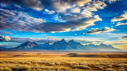 Obraz premium Serene vast landscape stretches towards a distant majestic mountain range on the horizon, with a clear blue sky and subtle cloudy textures in the background.