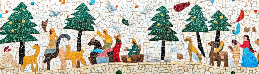 Obraz premium Mosaic Artwork of Winter Village Scene with Animals