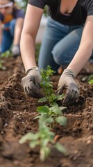 Community garden project with people planting together, green initiative
