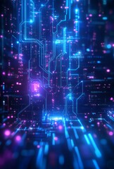 Obraz premium A cyberpunk inspired data visualization featuring glowing blue and purple circuits interwoven with dynamic abstract data flow, creating a high tech aesthetic