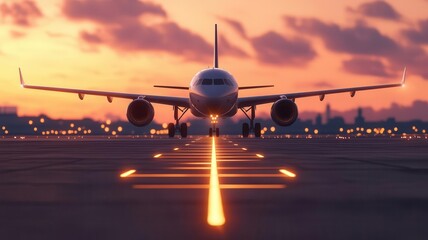 Passengers boarding a flight at dawn, illuminated route lines leading to their destinations