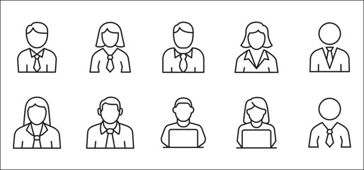 Fototapeta premium Businessman icon set. Business woman icons. User icon. Professional company person or worker symbol. Anonymous profile sign. customer service symbols. Vector stock icons set in thin line style.