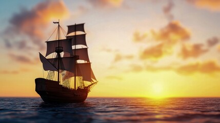 Obraz premium A majestic ship sailing on calm waters during a stunning sunset, capturing the essence of adventure and maritime beauty.