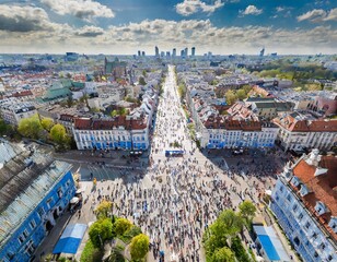 Obraz premium aerial view of Crowd of people walking street blue motion 